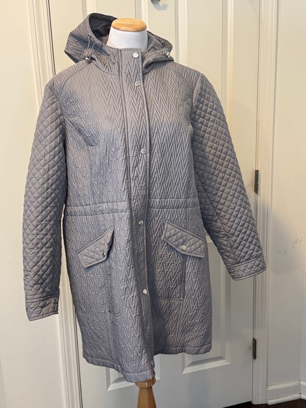 Weatherproof Quilted Hooded Puffer Coat in Light Gray